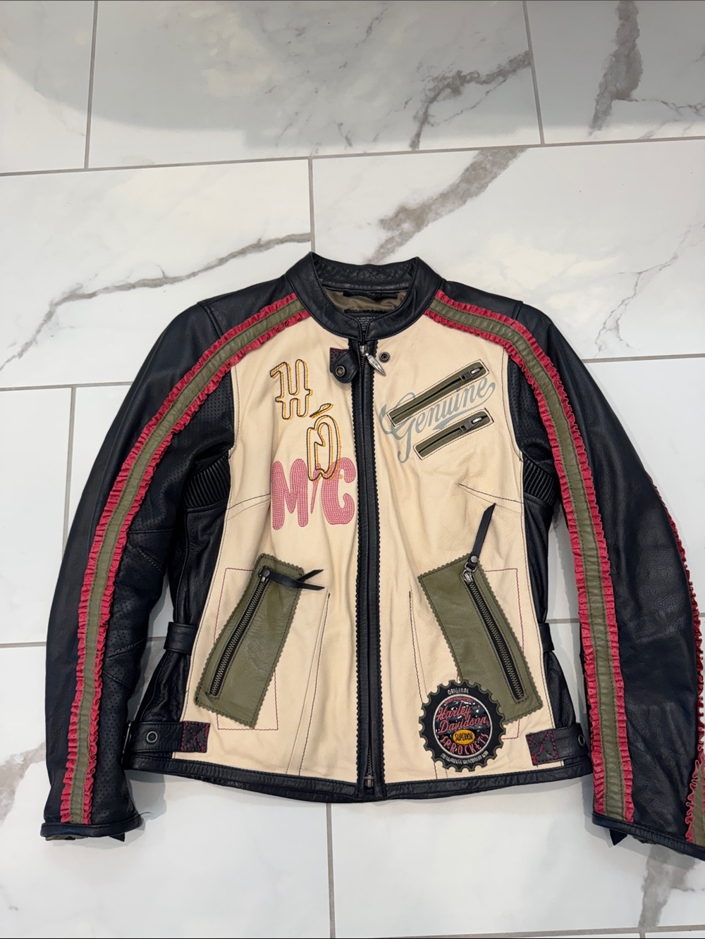 Harley-Davidson Two-Tone Embroidered Moto Jacket - Cream & Black